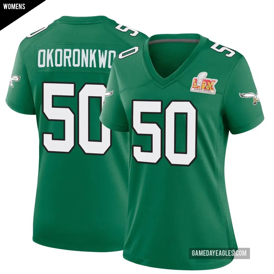 Women's Philadelphia Eagles ＃50 Ogbo Okoronkwo Green Game Kelly Alternate Super Bowl LIX Jersey