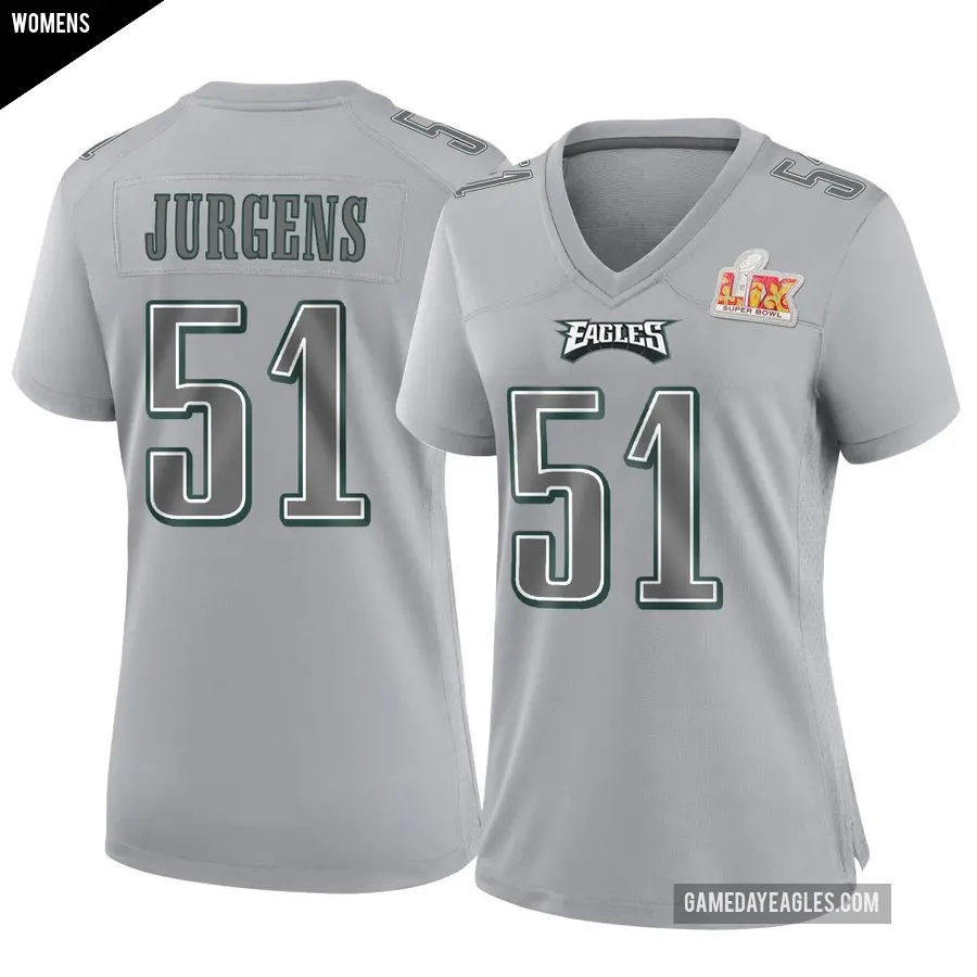 Women's Philadelphia Eagles ＃51 Cam Jurgens Gray Game Atmosphere Fashion Super Bowl LIX Jersey