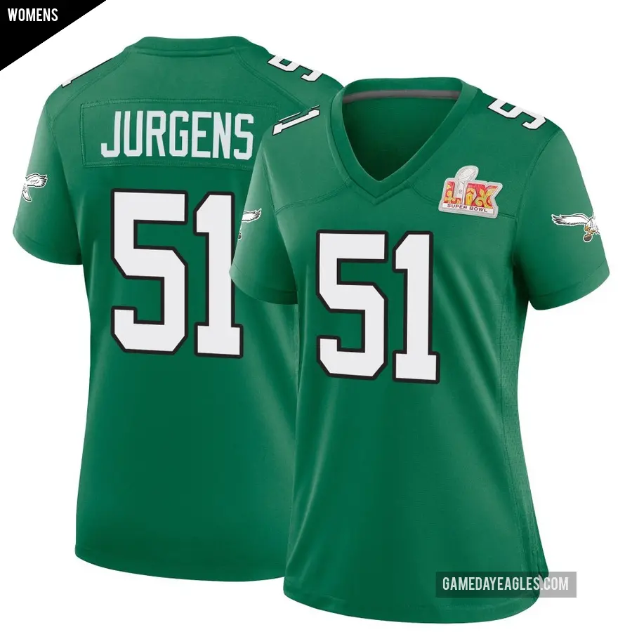 Women's Philadelphia Eagles ＃51 Cam Jurgens Green Game Kelly Alternate Super Bowl LIX Jersey
