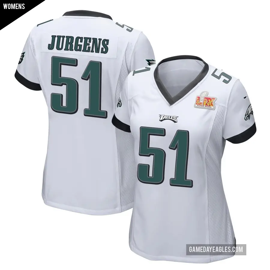 Women's Philadelphia Eagles ＃51 Cam Jurgens White Game Super Bowl LIX Jersey