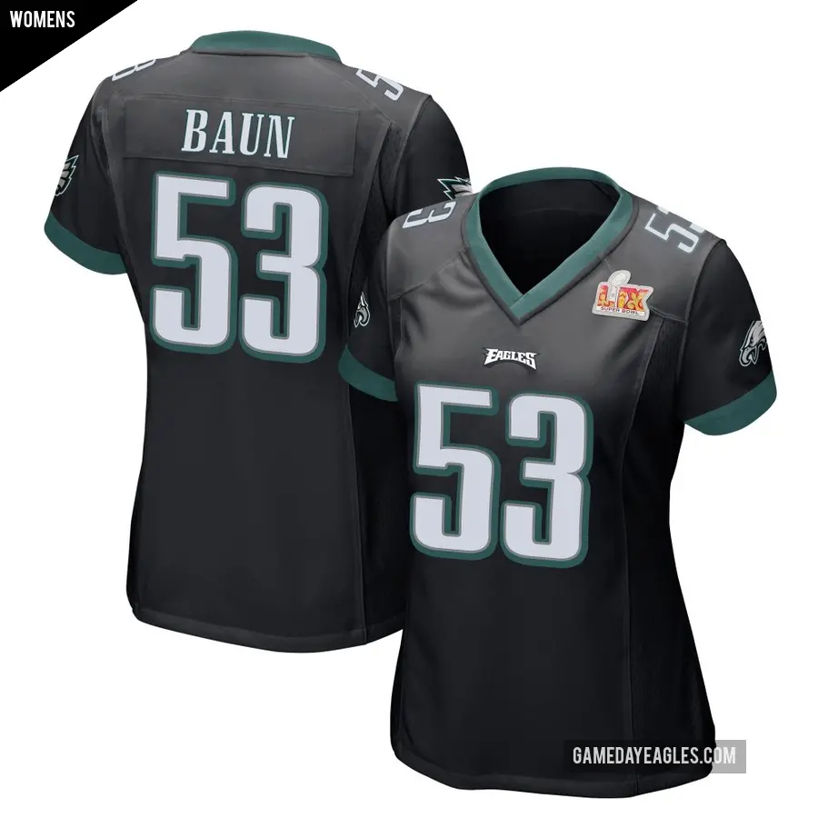 Women's Philadelphia Eagles ＃53 Zack Baun Black Game Alternate Super Bowl LIX Jersey