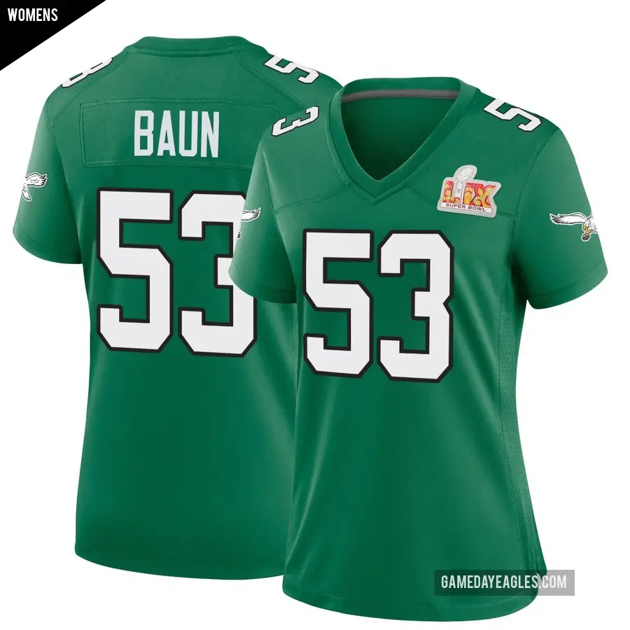 Women's Philadelphia Eagles ＃53 Zack Baun Green Game Kelly Alternate Super Bowl LIX Jersey