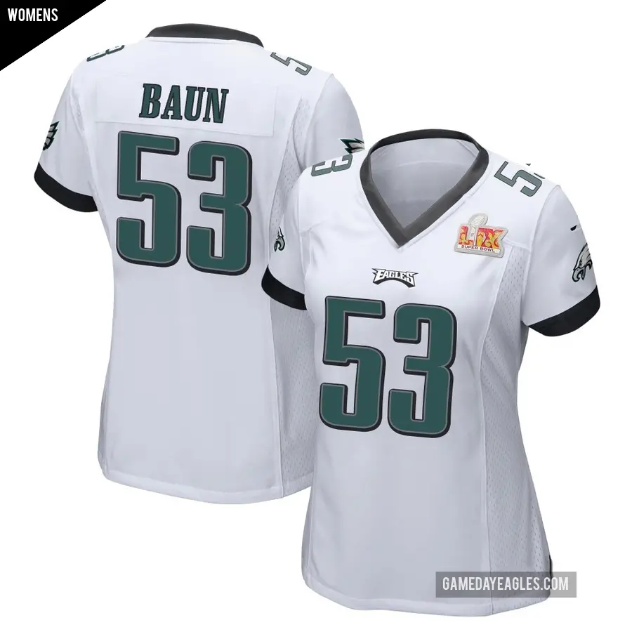 Women's Philadelphia Eagles ＃53 Zack Baun White Game Super Bowl LIX Jersey