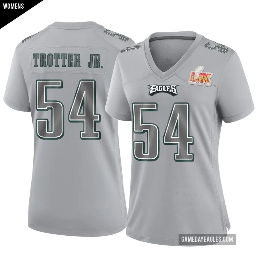 Women's Philadelphia Eagles ＃54 Jeremiah Trotter Jr. Gray Game Atmosphere Fashion Super Bowl LIX Jersey