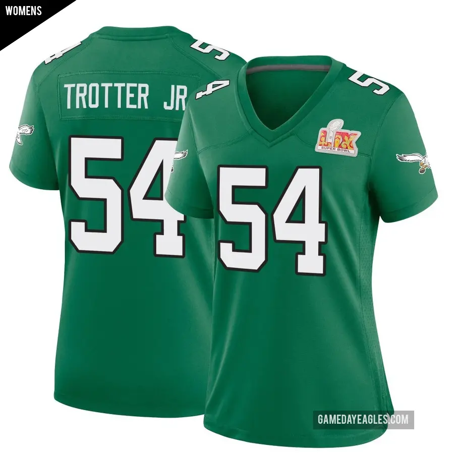 Women's Philadelphia Eagles ＃54 Jeremiah Trotter Jr. Green Game Kelly Alternate Super Bowl LIX Jersey