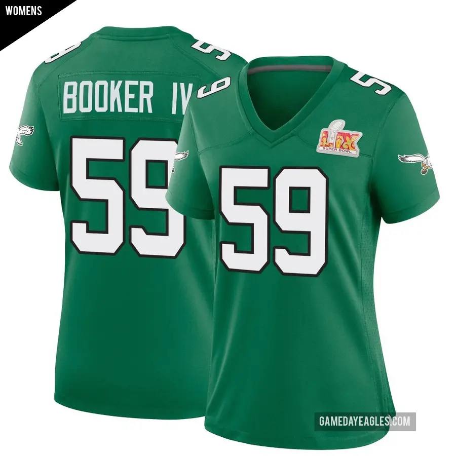 Women's Philadelphia Eagles ＃59 Thomas Booker IV Green Game Kelly Alternate Super Bowl LIX Jersey