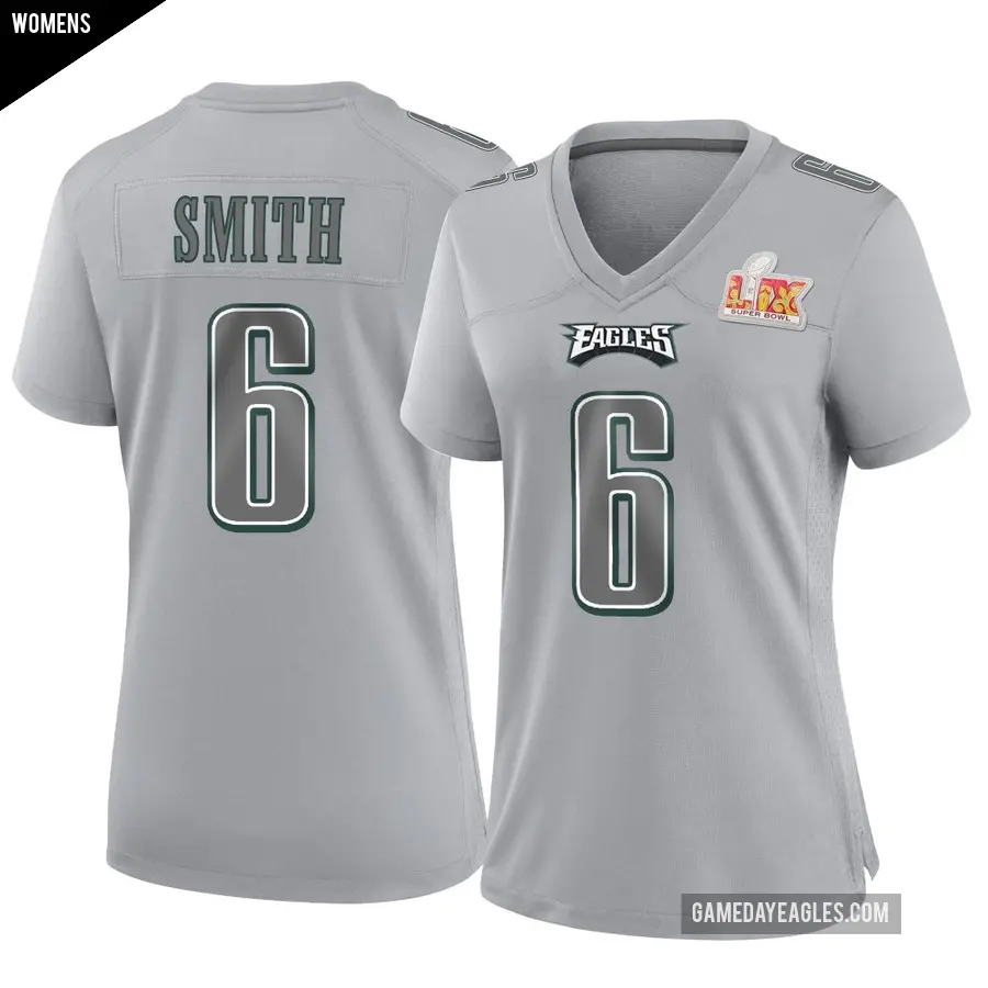 Women's Philadelphia Eagles ＃6 DeVonta Smith Gray Game Atmosphere Fashion Super Bowl LIX Jersey