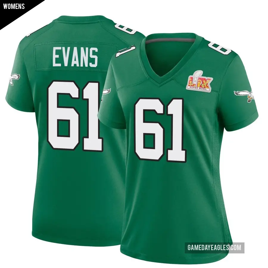 Women's Philadelphia Eagles ＃61 Joe Evans Green Game Kelly Alternate Super Bowl LIX Jersey