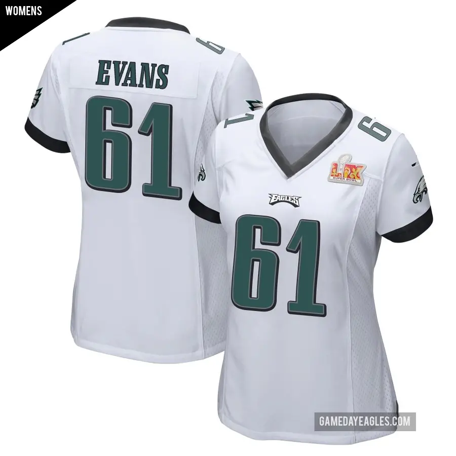 Women's Philadelphia Eagles ＃61 Joe Evans White Game Super Bowl LIX Jersey