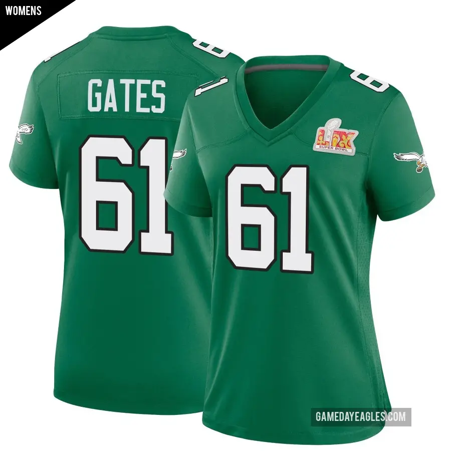 Women's Philadelphia Eagles ＃61 Nick Gates Green Game Kelly Alternate Super Bowl LIX Jersey
