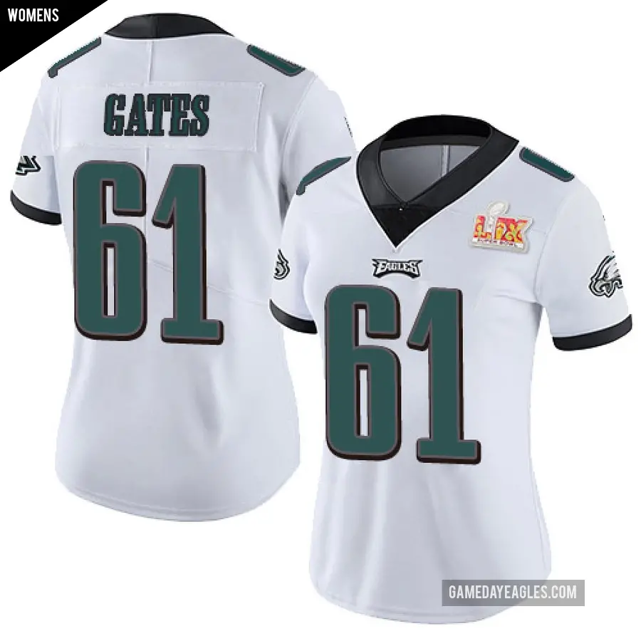 Women's Philadelphia Eagles ＃61 Nick Gates White Limited Vapor Untouchable Super Bowl LIX Jersey