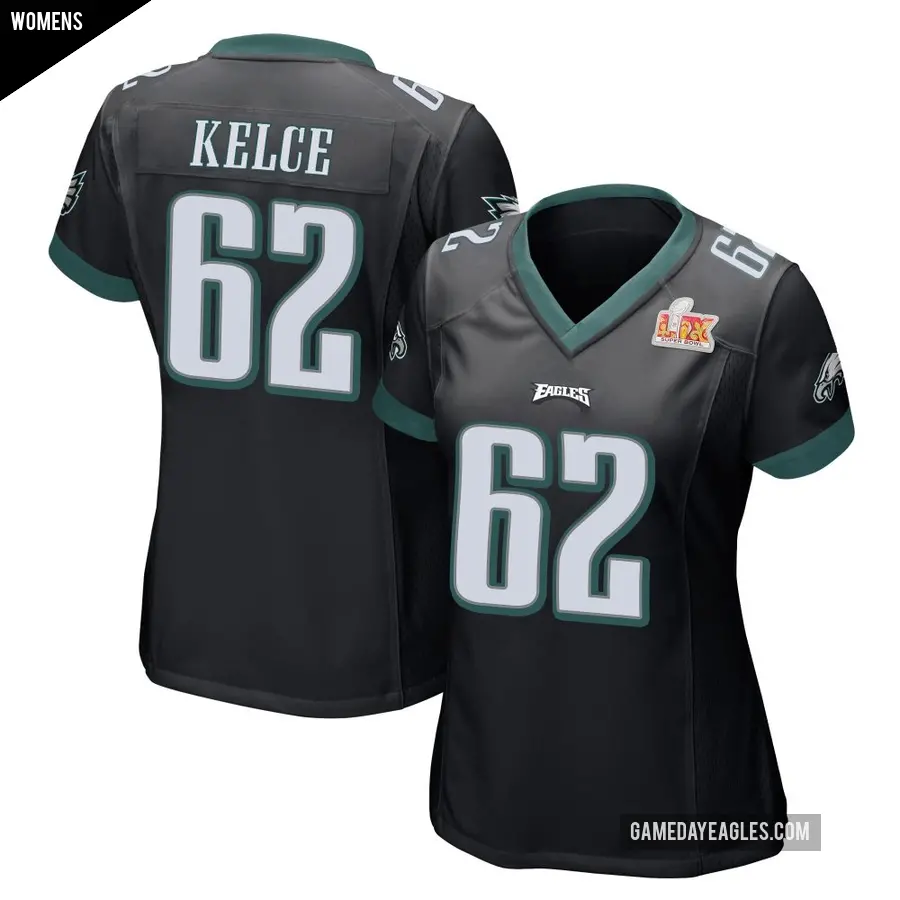 Women's Philadelphia Eagles ＃62 Jason Kelce Black Game Alternate Super Bowl LIX Jersey