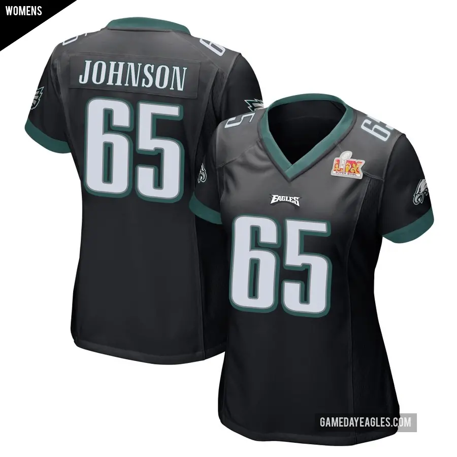 Women's Philadelphia Eagles ＃65 Lane Johnson Black Game Alternate Super Bowl LIX Jersey
