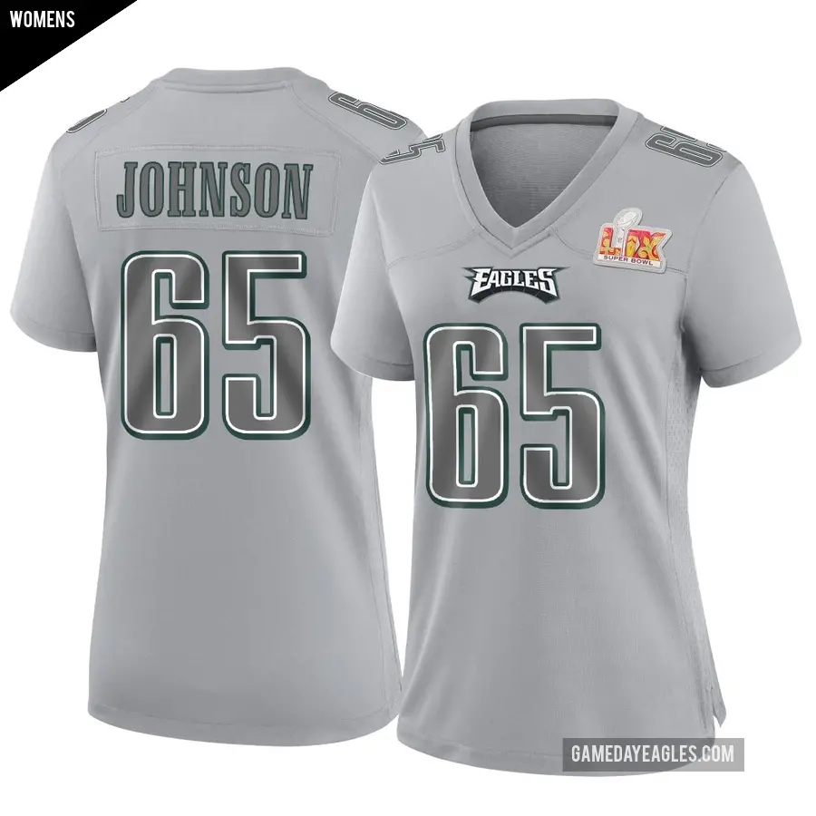 Women's Philadelphia Eagles ＃65 Lane Johnson Gray Game Atmosphere Fashion Super Bowl LIX Jersey