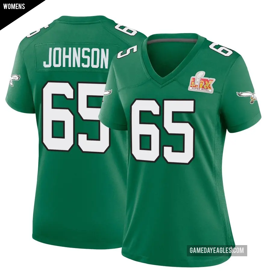 Women's Philadelphia Eagles ＃65 Lane Johnson Green Game Kelly Alternate Super Bowl LIX Jersey