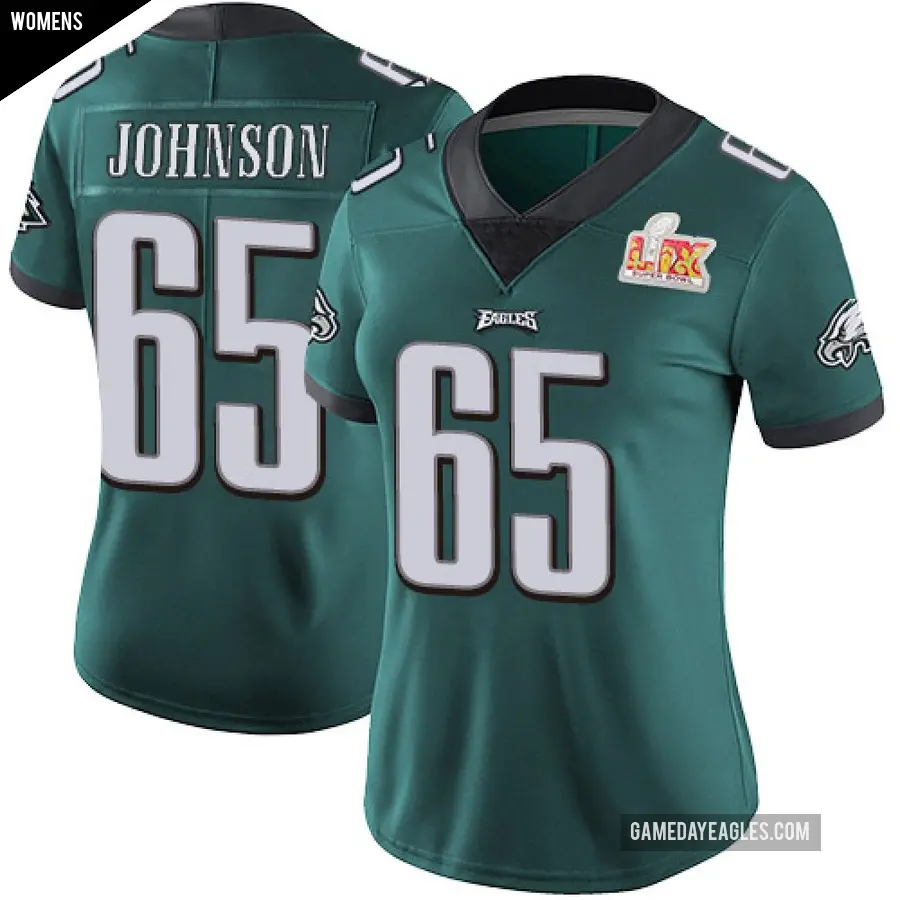 Women's Philadelphia Eagles ＃65 Lane Johnson Green Limited Midnight Team Color Vapor Untouchable Super Bowl LIX Jersey