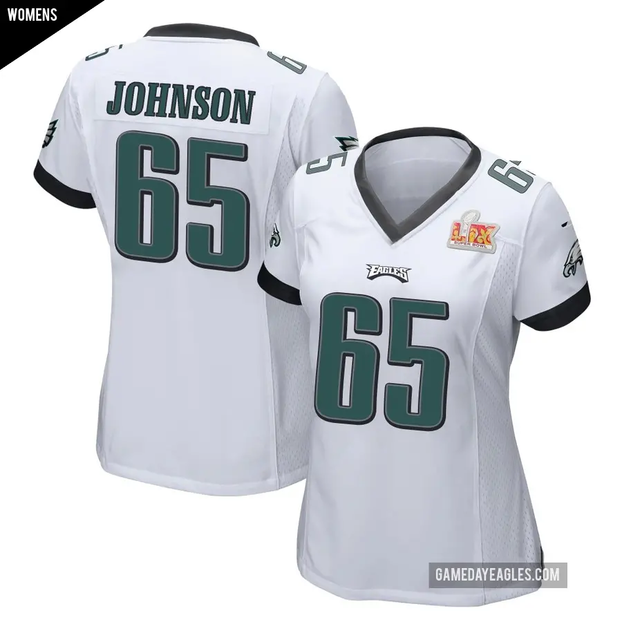 Women's Philadelphia Eagles ＃65 Lane Johnson White Game Super Bowl LIX Jersey
