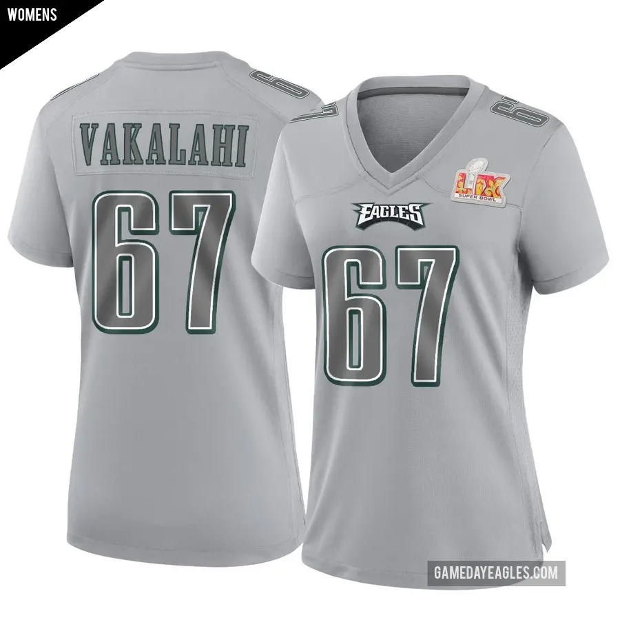 Women's Philadelphia Eagles ＃67 Laekin Vakalahi Gray Game Atmosphere Fashion Super Bowl LIX Jersey