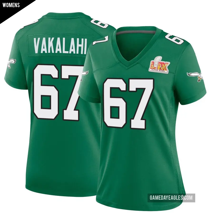 Women's Philadelphia Eagles ＃67 Laekin Vakalahi Green Game Kelly Alternate Super Bowl LIX Jersey