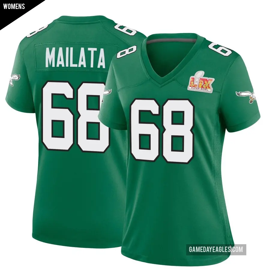 Women's Philadelphia Eagles ＃68 Jordan Mailata Green Game Kelly Alternate Super Bowl LIX Jersey