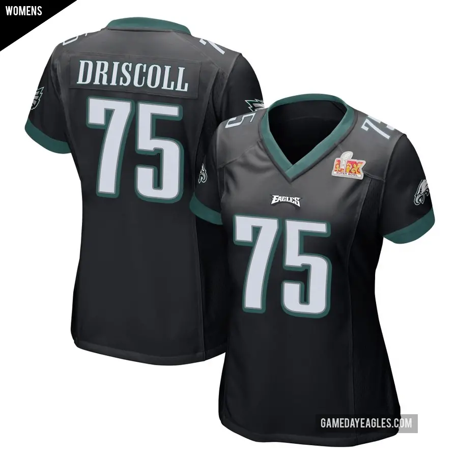 Women's Philadelphia Eagles ＃75 Jack Driscoll Black Game Alternate Super Bowl LIX Jersey