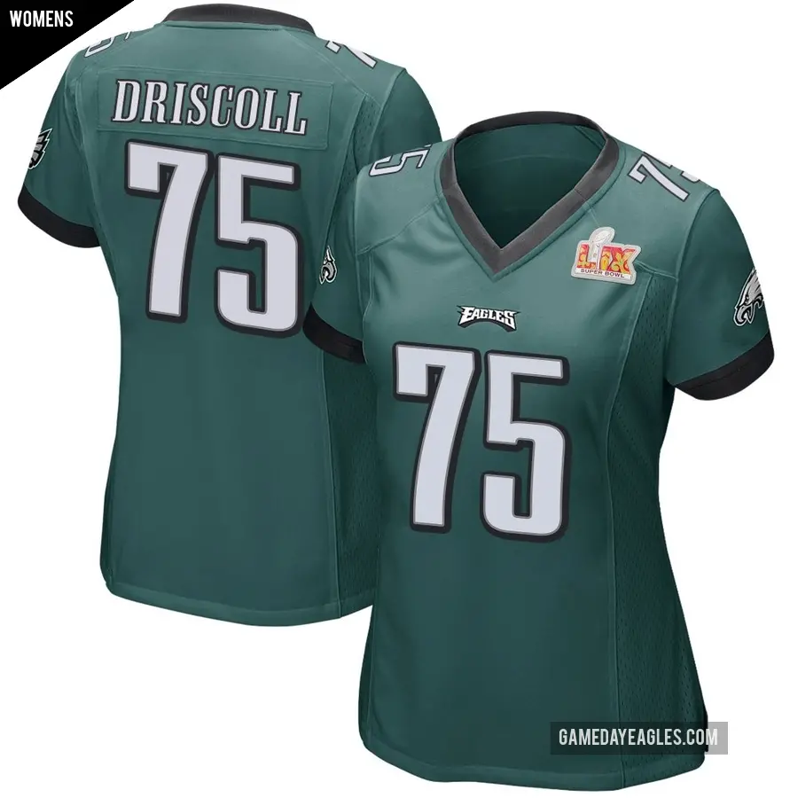 Women's Philadelphia Eagles ＃75 Jack Driscoll Green Game Team Color Super Bowl LIX Jersey