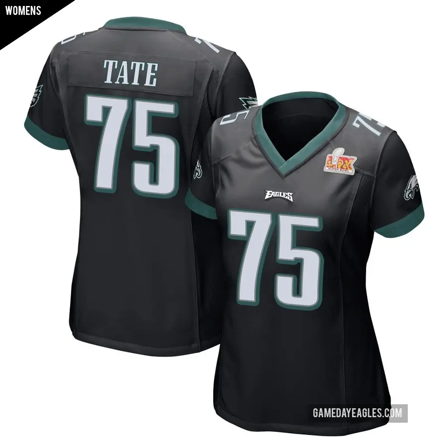 Women's Philadelphia Eagles ＃75 Marcus Tate Black Game Alternate Super Bowl LIX Jersey