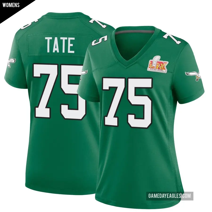 Women's Philadelphia Eagles ＃75 Marcus Tate Green Game Kelly Alternate Super Bowl LIX Jersey