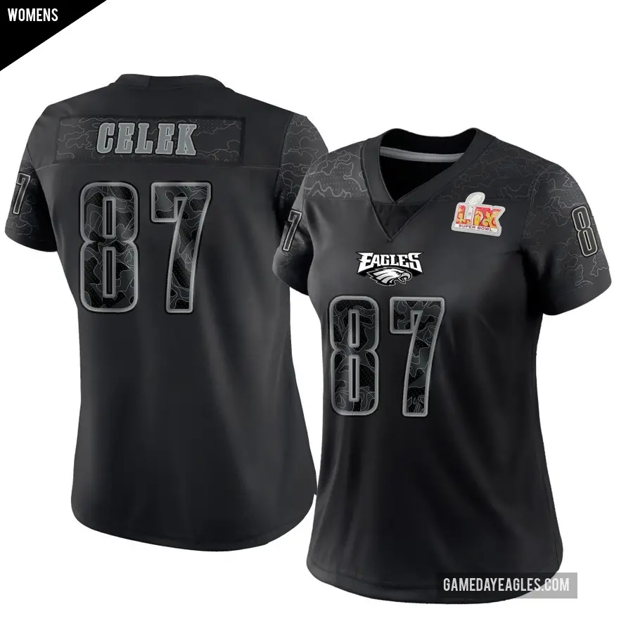 Women's Philadelphia Eagles ＃87 Brent Celek Black Limited Reflective Super Bowl LIX Jersey