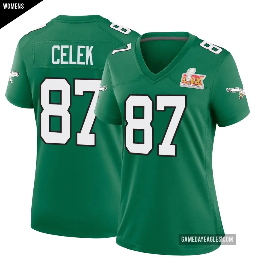 Women's Philadelphia Eagles ＃87 Brent Celek Green Game Kelly Alternate Super Bowl LIX Jersey