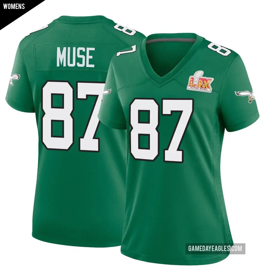 Women's Philadelphia Eagles ＃87 Nick Muse Green Game Kelly Alternate Super Bowl LIX Jersey