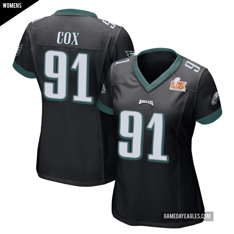 Women's Philadelphia Eagles ＃91 Fletcher Cox Black Game Alternate Super Bowl LIX Jersey