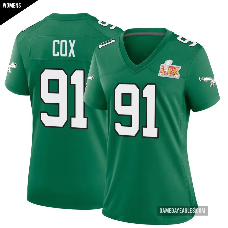 Women's Philadelphia Eagles ＃91 Fletcher Cox Green Game Kelly Alternate Super Bowl LIX Jersey