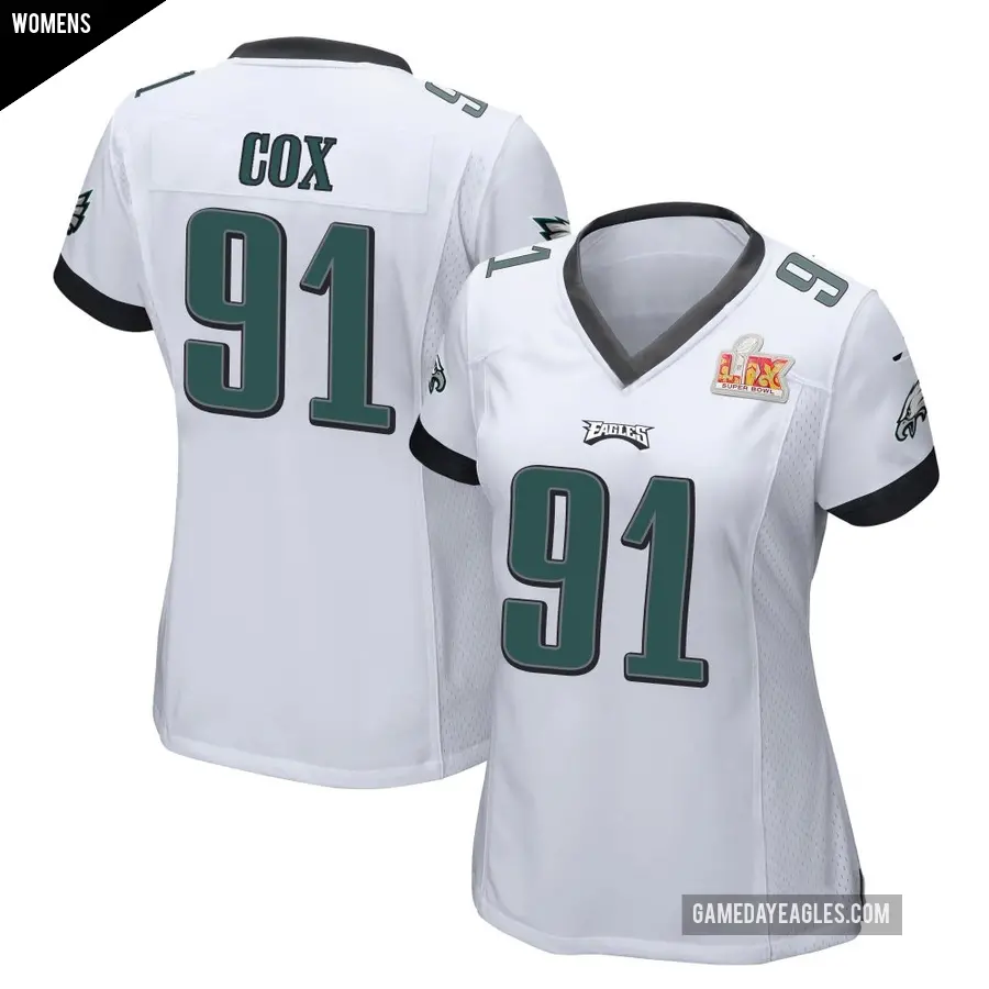 Women's Philadelphia Eagles ＃91 Fletcher Cox White Game Super Bowl LIX Jersey