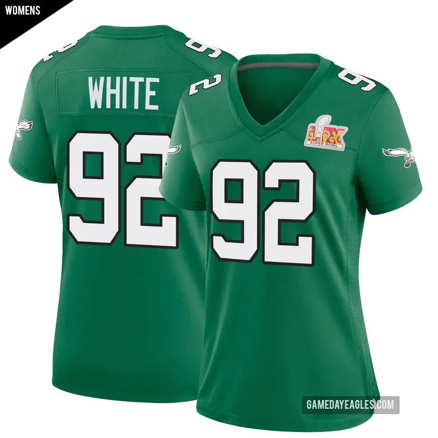 Women's Philadelphia Eagles ＃92 Reggie White Green Game Kelly Alternate Super Bowl LIX Jersey