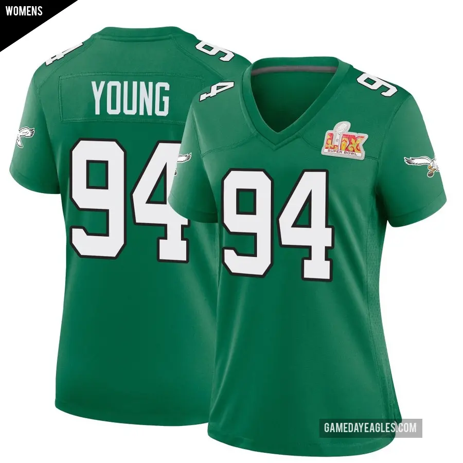 Women's Philadelphia Eagles ＃94 Byron Young Green Game Kelly Alternate Super Bowl LIX Jersey