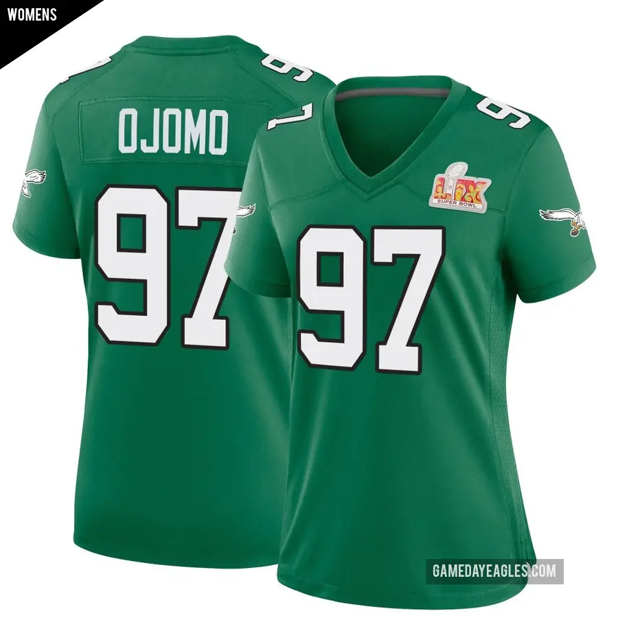 Women's Philadelphia Eagles ＃97 Moro Ojomo Green Game Kelly Alternate Super Bowl LIX Jersey
