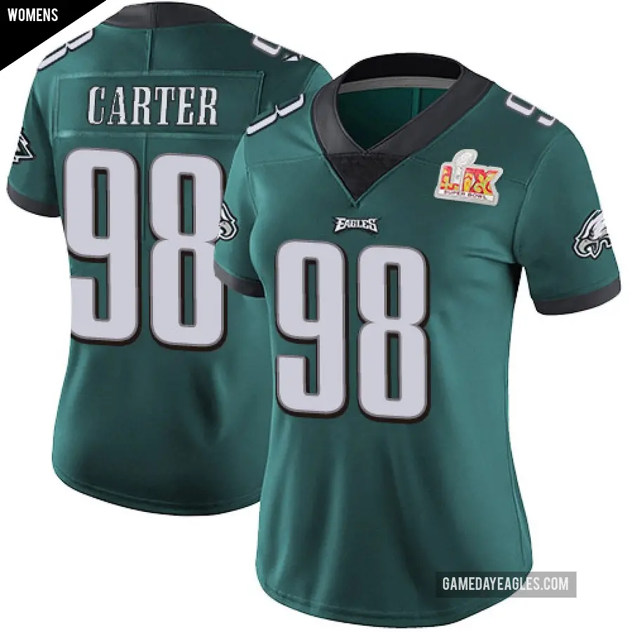 Women's Philadelphia Eagles ＃98 Jalen Carter Green Limited Midnight Team Color Vapor Untouchable Super Bowl LIX Jersey