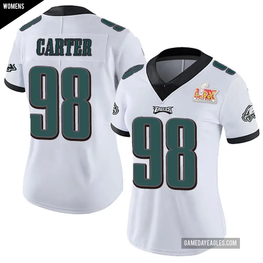 Women's Philadelphia Eagles ＃98 Jalen Carter White Limited Vapor Untouchable Super Bowl LIX Jersey