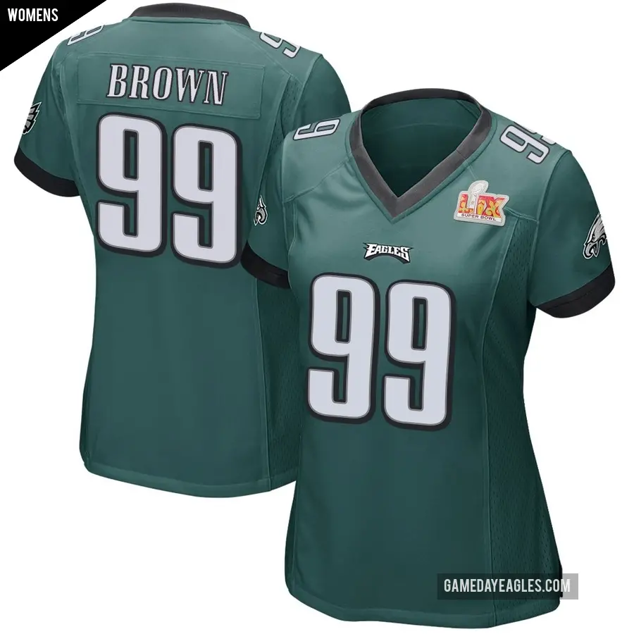 Women's Philadelphia Eagles ＃99 Jerome Brown Green Game Team Color Super Bowl LIX Jersey