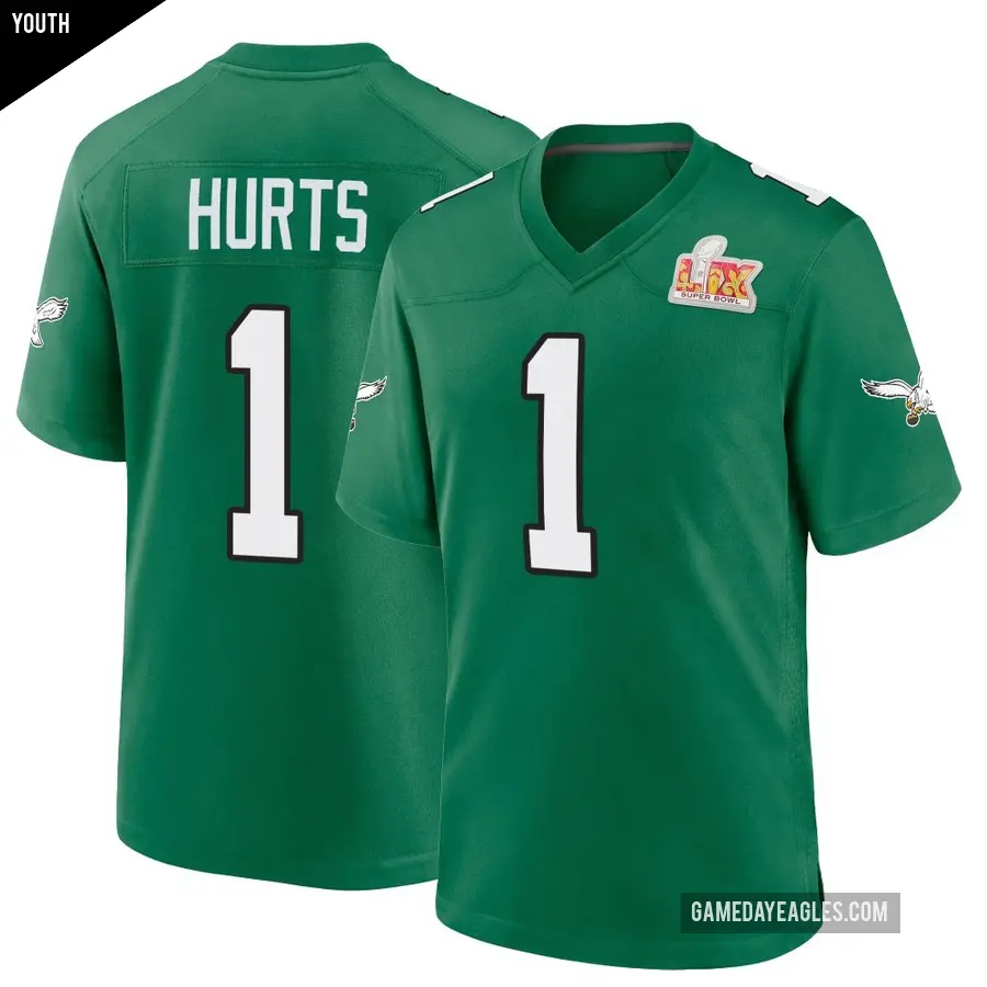 Youth Philadelphia Eagles ＃1 Jalen Hurts Green Game Kelly Alternate Super Bowl LIX Jersey