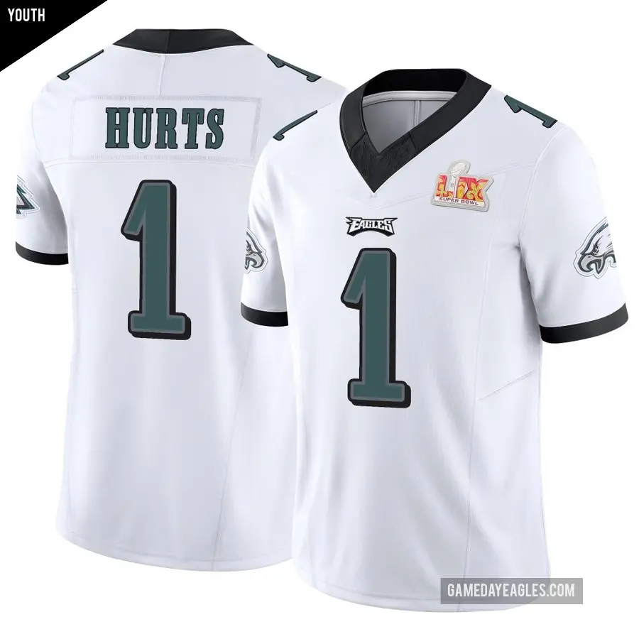 Youth Philadelphia Eagles ＃1 Jalen Hurts White Limited Vapor F.U.S.E. Super Bowl LIX Jersey