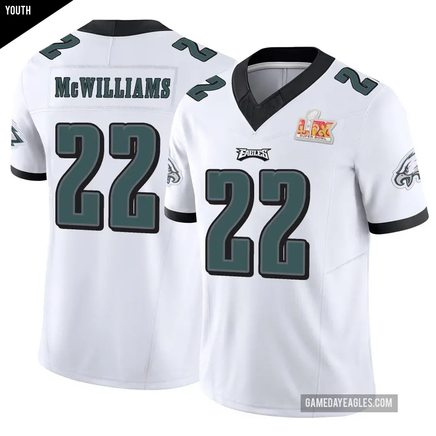 Youth Philadelphia Eagles ＃22 Mac McWilliams White Limited Vapor F.U.S.E. Super Bowl LIX Jersey
