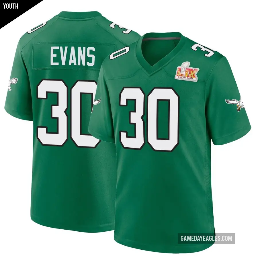 Youth Philadelphia Eagles ＃30 Justin Evans Green Game Kelly Alternate Super Bowl LIX Jersey