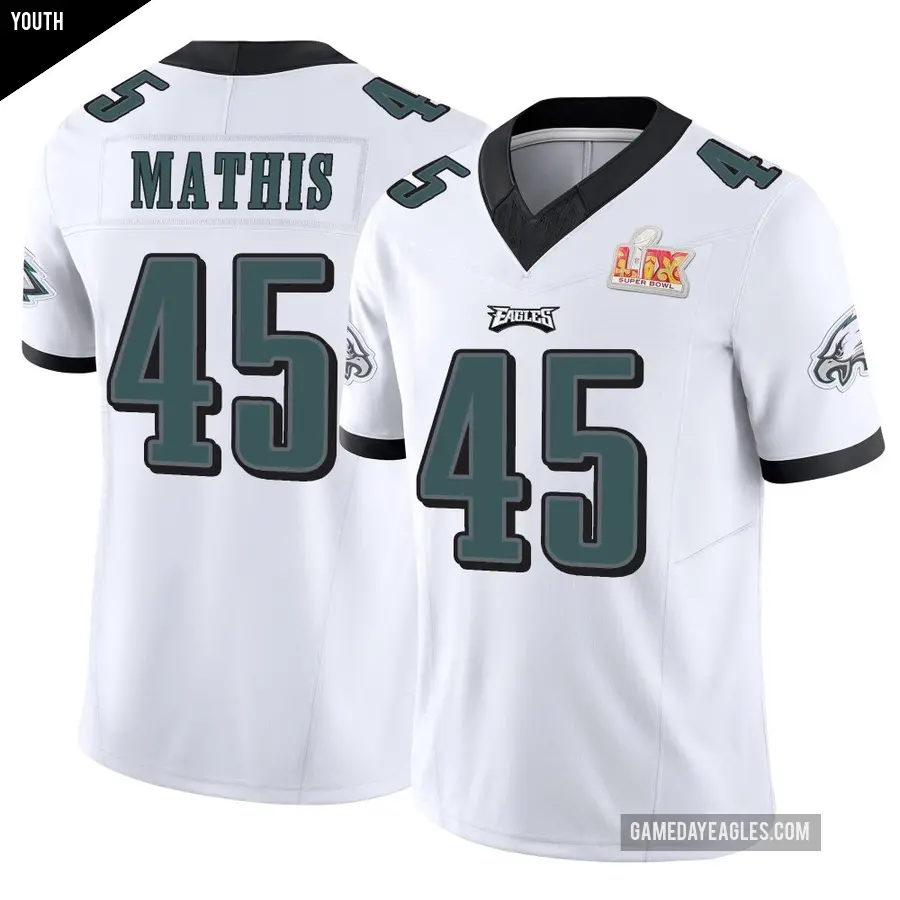 Youth Philadelphia Eagles ＃45 Ochaun Mathis White Limited Vapor F.U.S.E. Super Bowl LIX Jersey