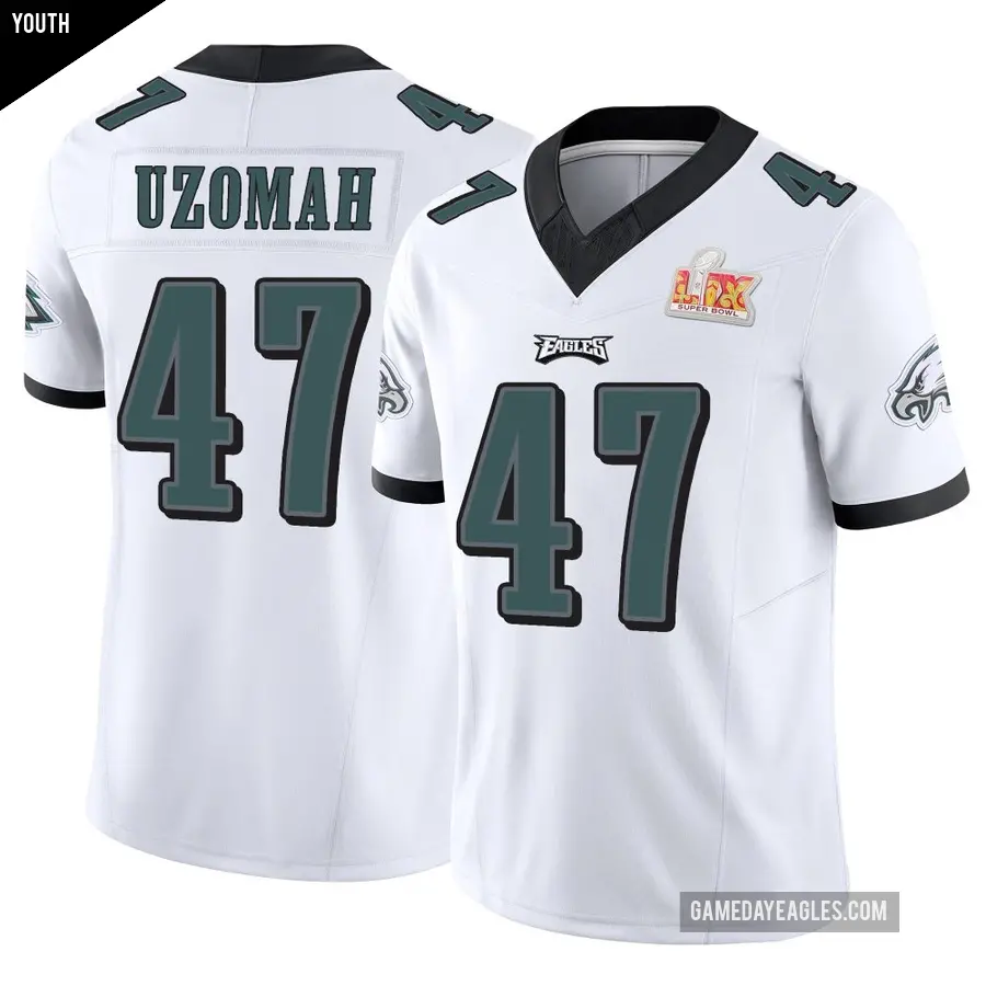 Youth Philadelphia Eagles ＃47 C.J. Uzomah White Limited Vapor F.U.S.E. Super Bowl LIX Jersey