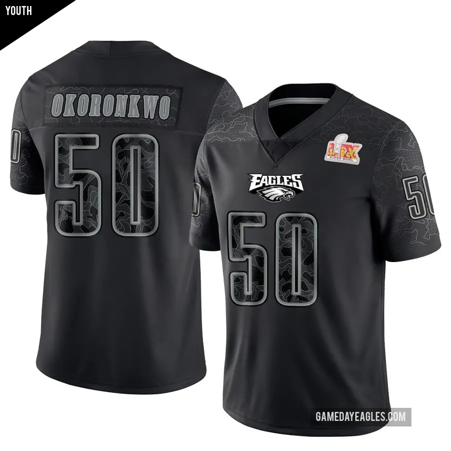 Youth Philadelphia Eagles ＃50 Ogbo Okoronkwo Black Limited Reflective Super Bowl LIX Jersey