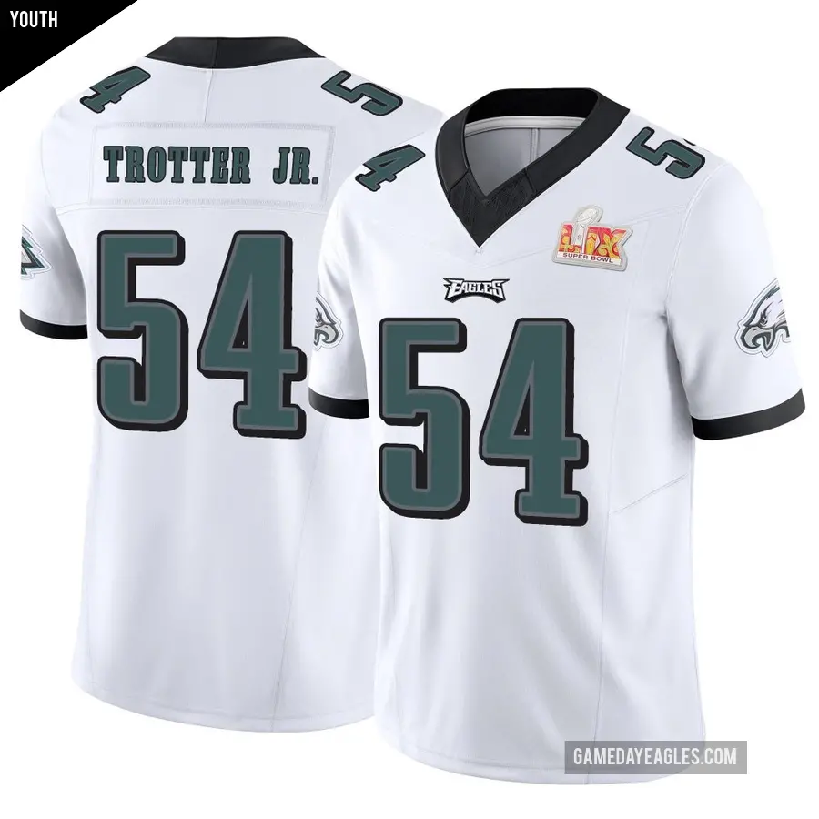 Youth Philadelphia Eagles ＃54 Jeremiah Trotter Jr. White Limited Vapor F.U.S.E. Super Bowl LIX Jersey