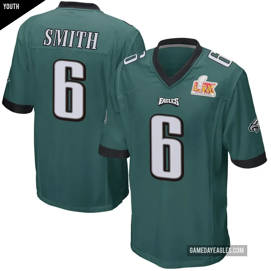 Youth Philadelphia Eagles ＃6 DeVonta Smith Green Game Team Color Super Bowl LIX Jersey
