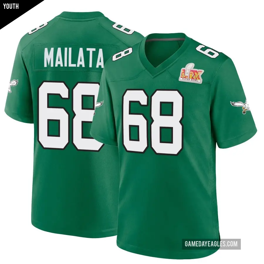 Youth Philadelphia Eagles ＃68 Jordan Mailata Green Game Kelly Alternate Super Bowl LIX Jersey